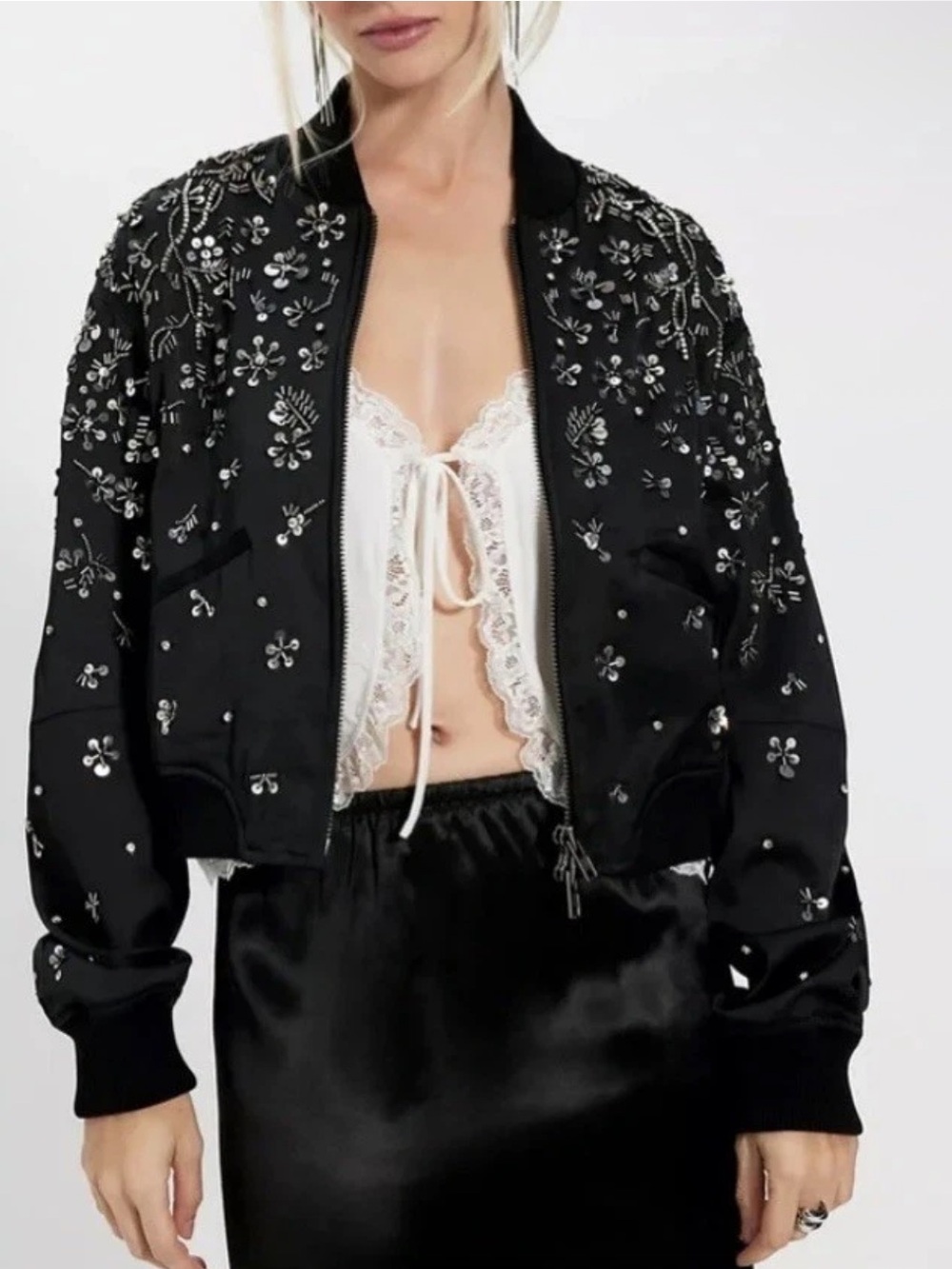 Free People Stassi Black Satin Embellished Beaded Bomber Jacket NWT Size XS